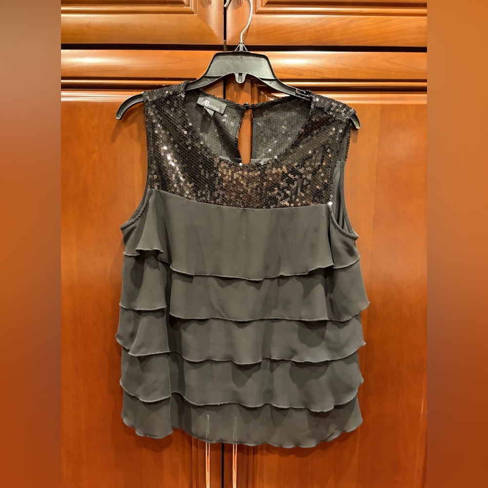 AB Studio Black Sequin Tiered Ruffle Blouse - Size PL